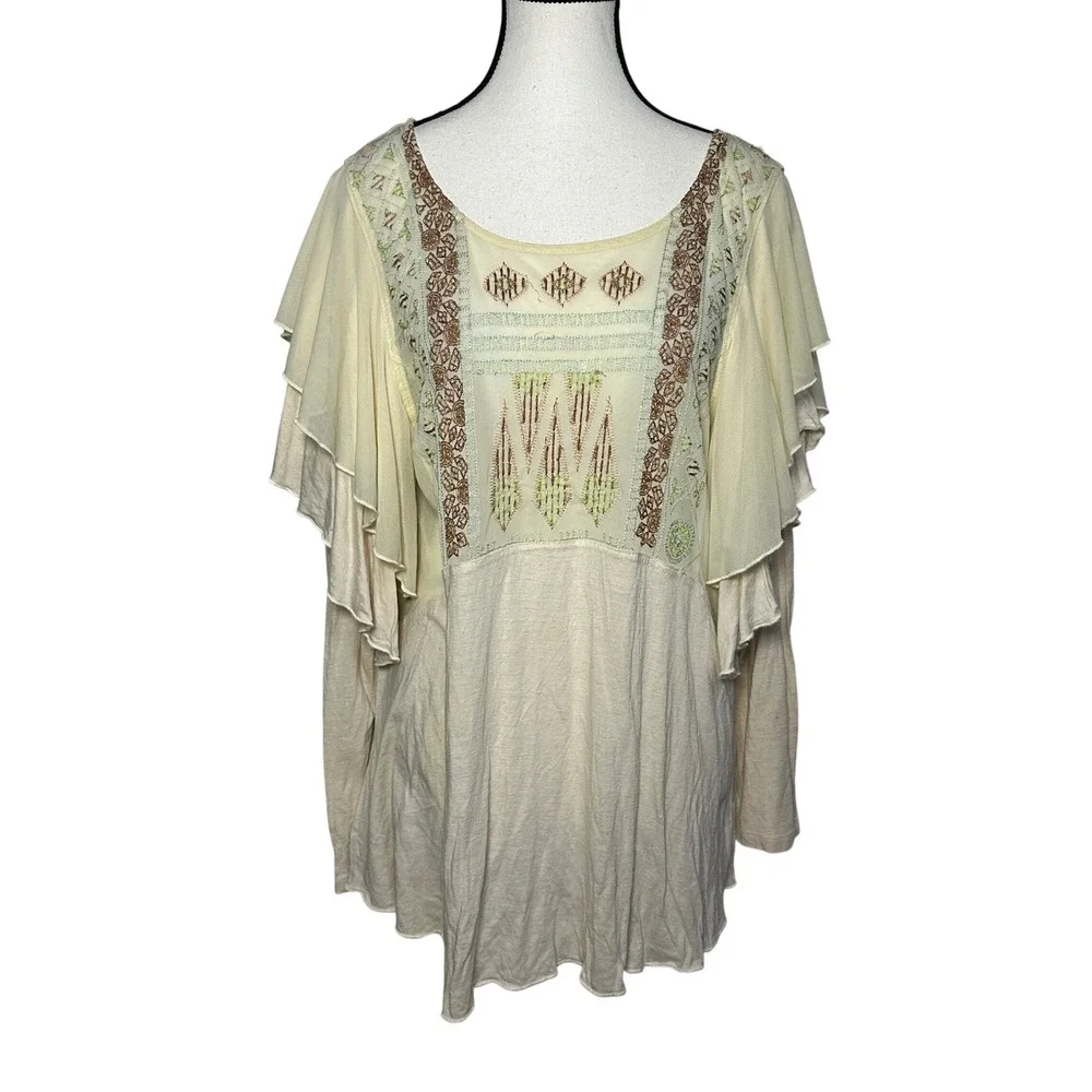 Free People Embroidered Long Sleeve Tunic‎ Top Womens L Boho Cottage Fairy Mesh
